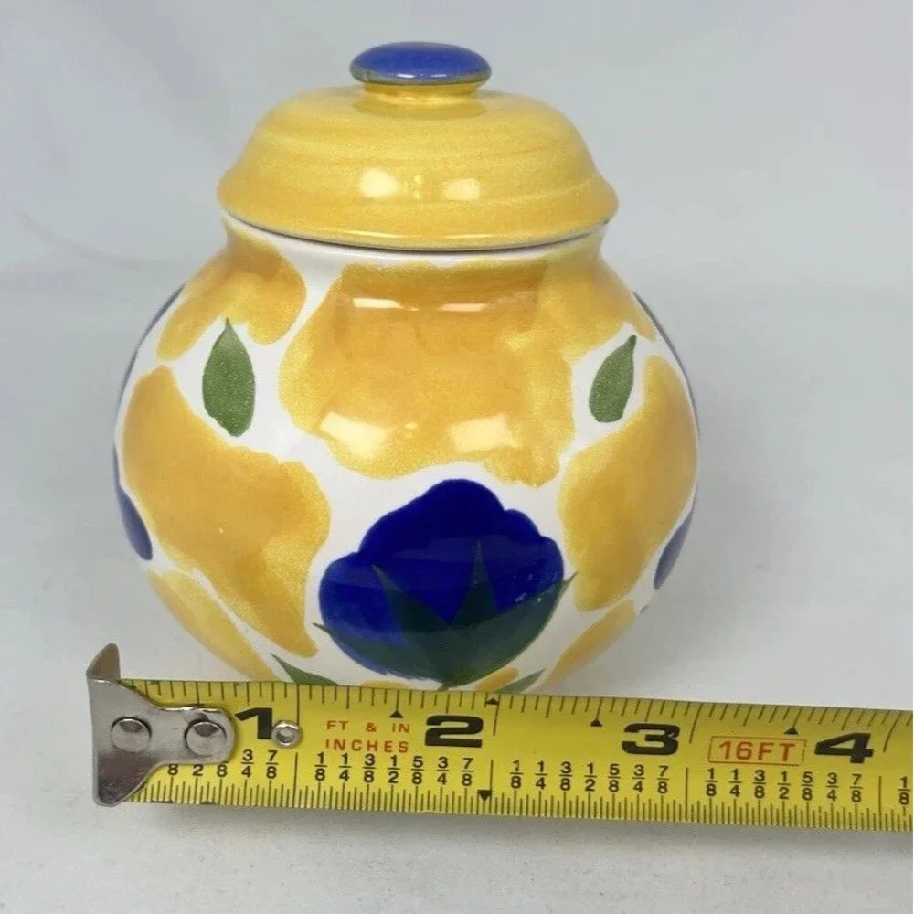 Dansk Portugal Hand Painted St Tropez Sugar Bowl & Lid Yellow Blue Flower EUC